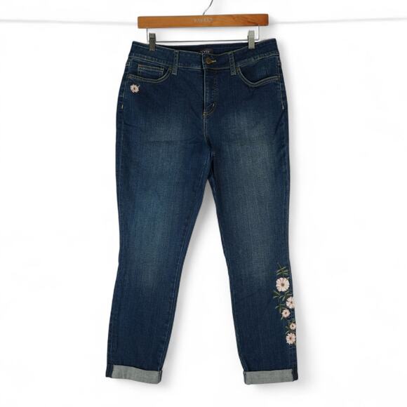 NYDJ Jeans Womens 10 Blue Alina Ankle Lift Tuck Cuffed Floral Embroidery Denim - Picture 1 of 14